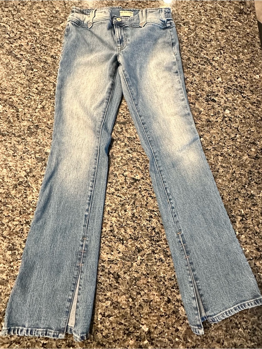 Free People Light Blue Flare Jeans with Front Hem Slits